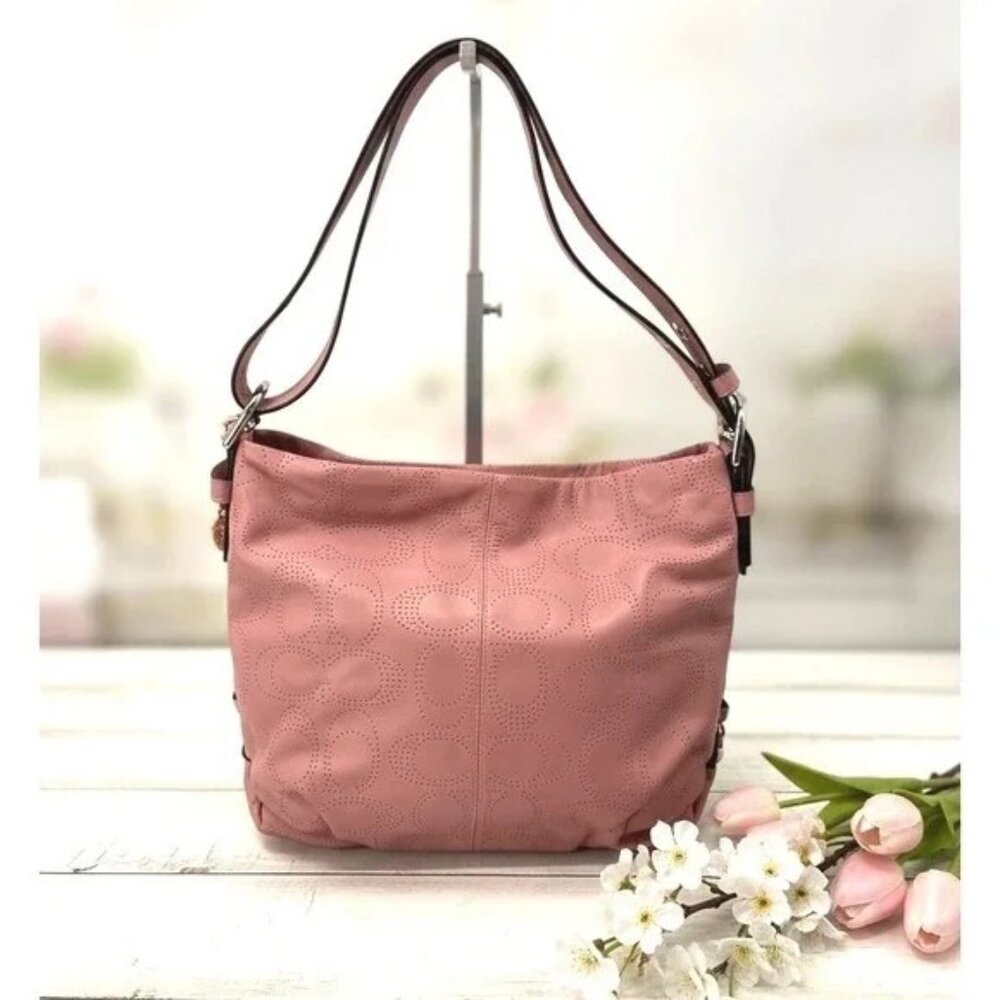 Coach Pink Leather Perforated Hobo Shoulder Bag